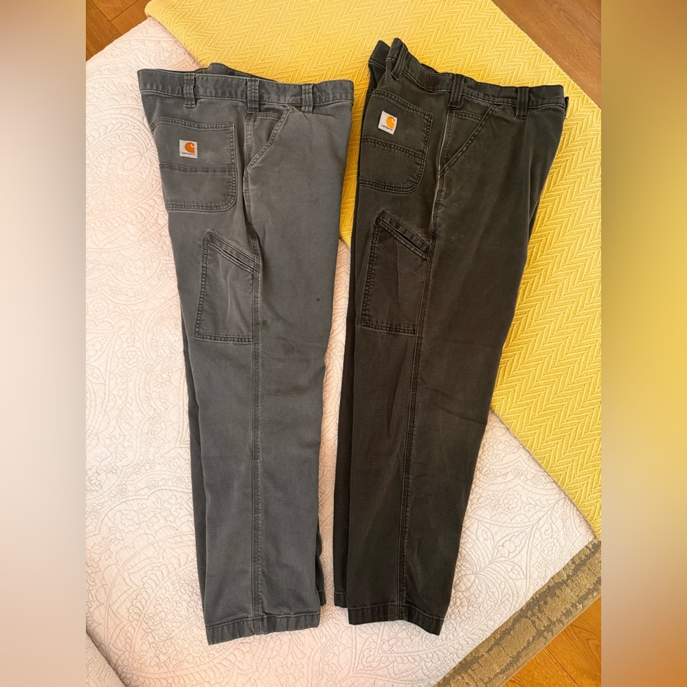 2 pairs Carhartt relaxed fit work pants olive green and gray sizes W 35 L 30